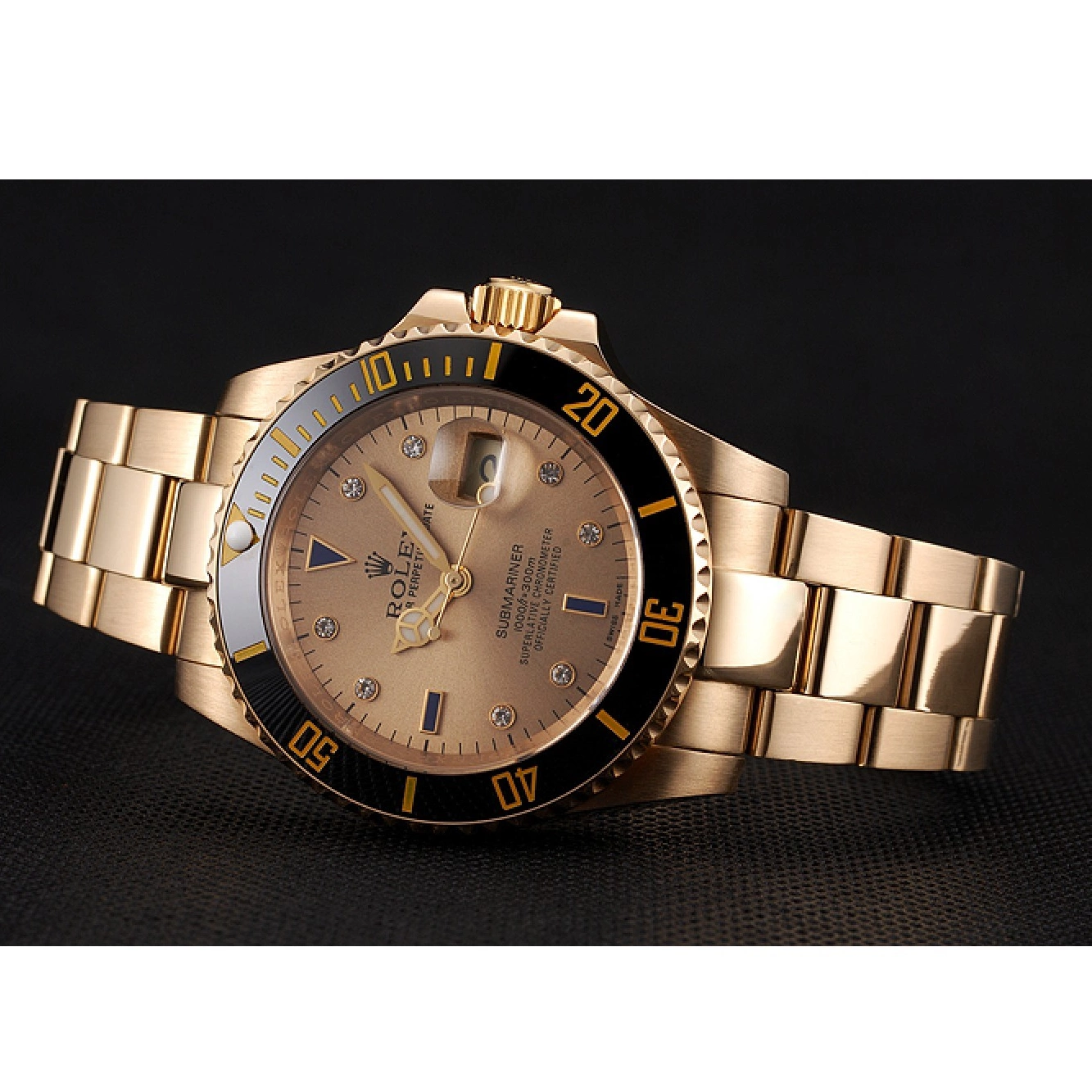 Best AAA Replica Sites Bracelet Dial Case Diamond Rolex Gold With Black Yellow Markings Gold Bezel And Submariner Swiss 0717